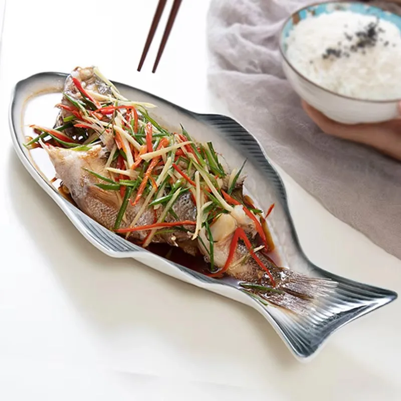 Plato de cerámica en forma pez, vajilla almacenamiento aperitivos, sartén para peces restaurantes, reuniones
