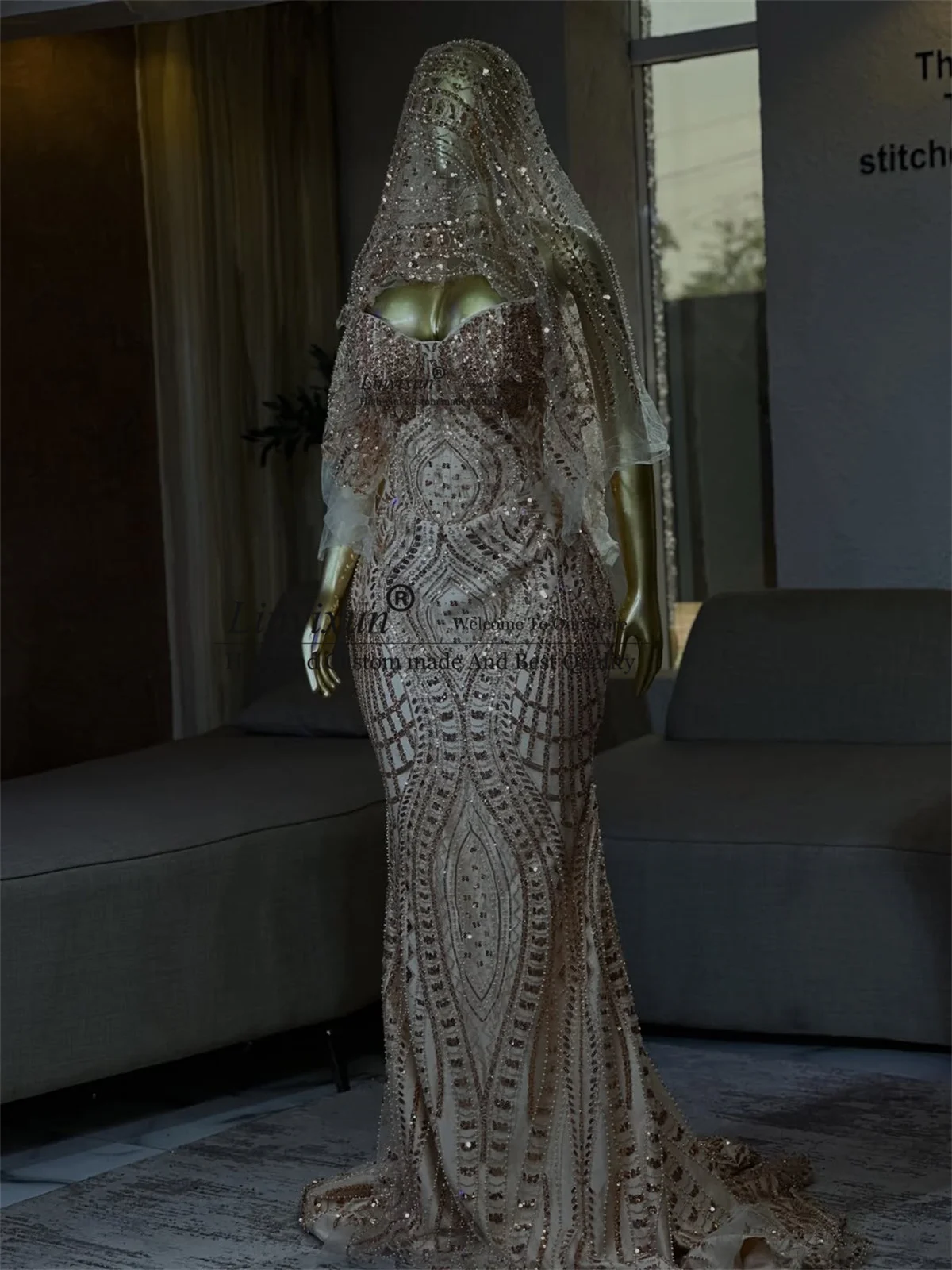 Aso Ebi Mermaid Prom Dress With Veil Black Girl Sparkly Diamond Evening Party Gown Customized Long Women Birthday Robe De Soire