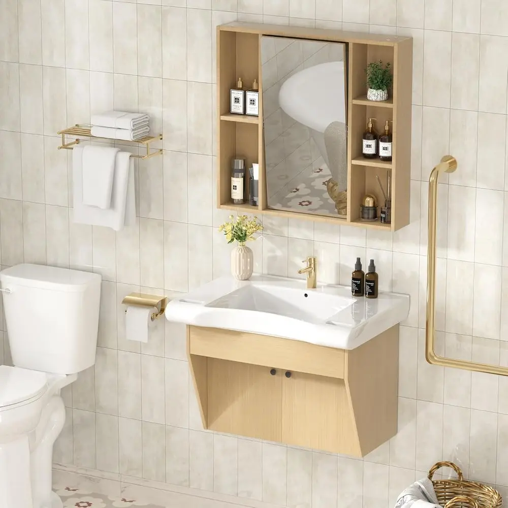 

30-inch ADA Compliant Wall-Mounted Vanity Set with Ceramic Sink, Faucet, and Mirror Cabinet for Small Bathrooms