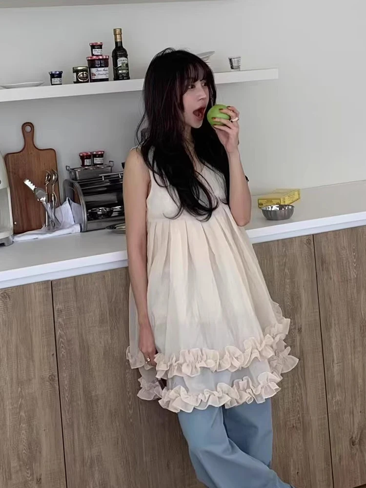 Vestido f de verão Liangliang com alças de madeira de camada dupla, estilo coreano, cintura alta, saia curta soltinha ...