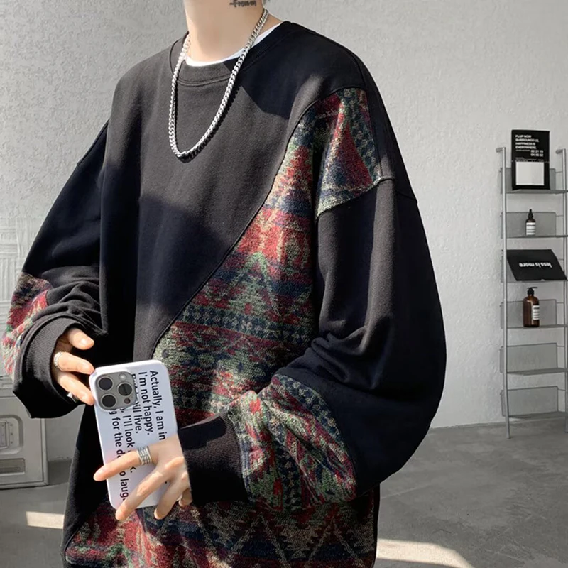 Vintage Nationality Print Spliced Men O Neck Long Sleeve Sweatshirt Autumn Winter Fashion Harajuku Casual 2xl Oversized Pullover