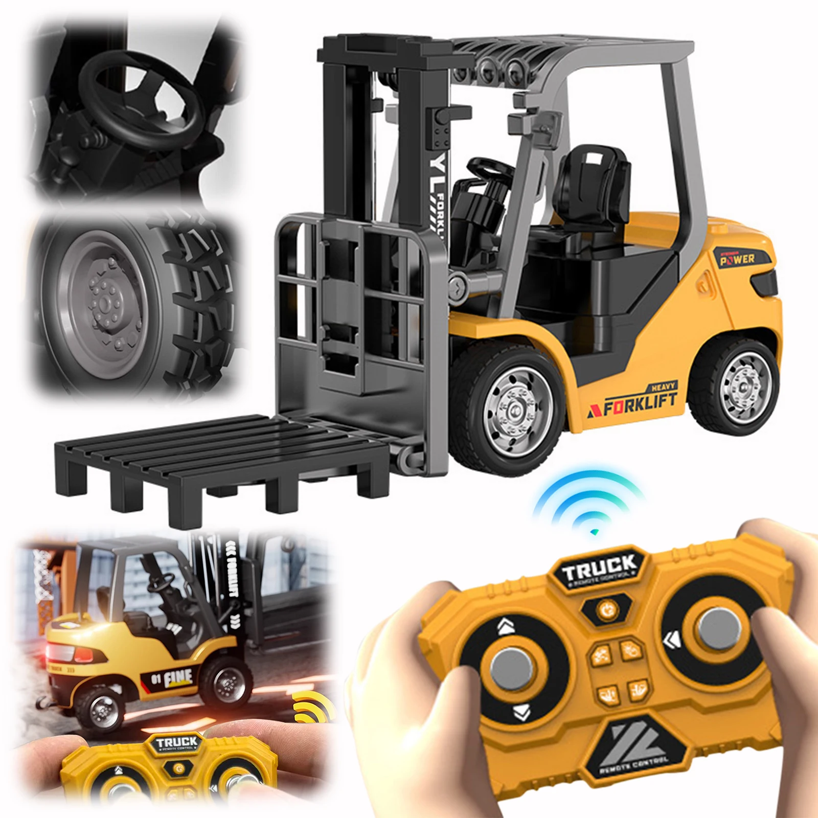 

1/64 RC Forklift Mini 2.4G RC Cars Remote Control Alloy Forklift Toy Car Model with Lights & Sounds 2 in 1 Transformable Lift