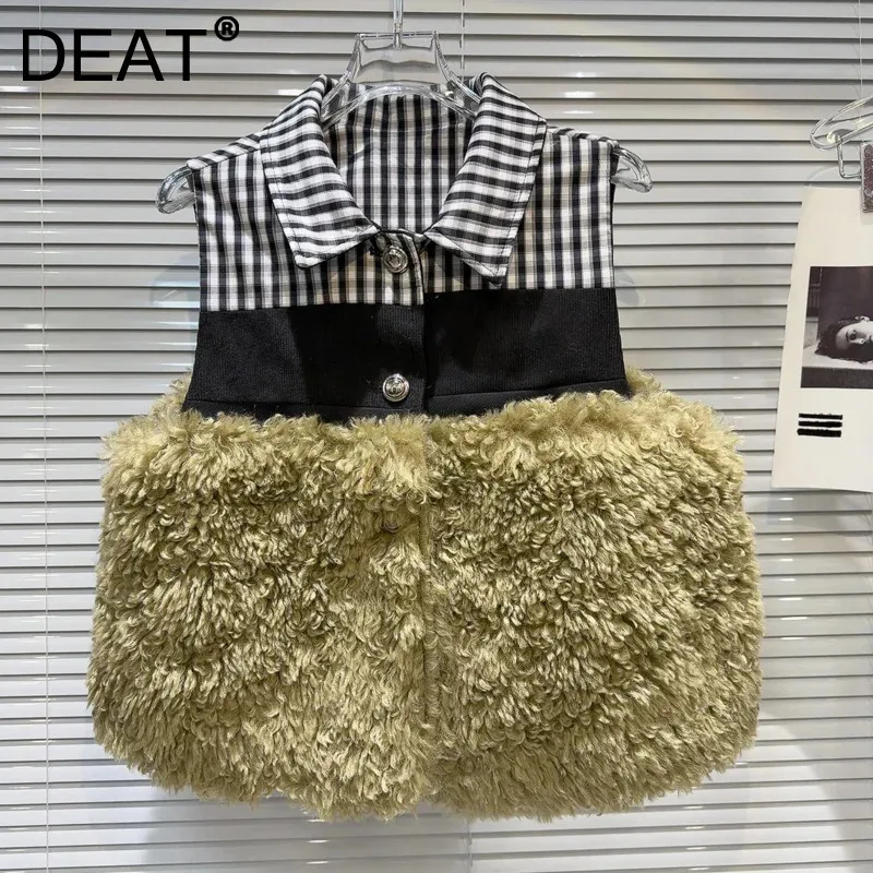 

DEAT Fashion Lapel Patchwork Stripe Fleece Single Breasted Vests 2025 Spring New Sleeveless Contrast Color Tops Female 11A02288