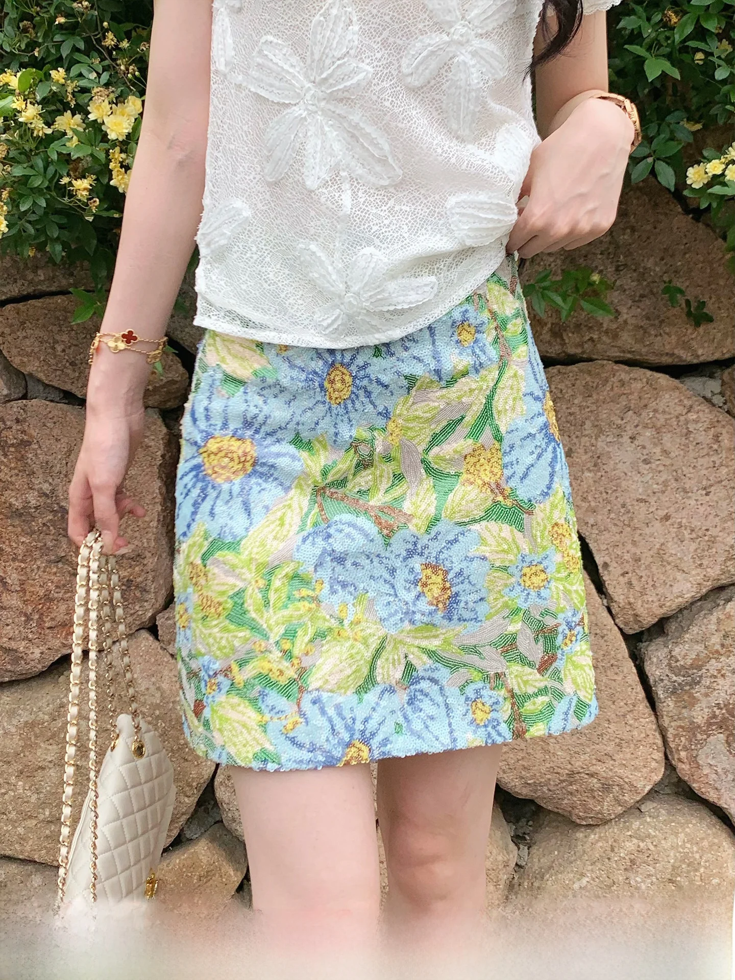 

Kun Total Monet Sea Breeze Retro Embroidery A-Line Skirt Women's High Waist Heavy Work Skirts Summer Fashion Ladies' Skirts