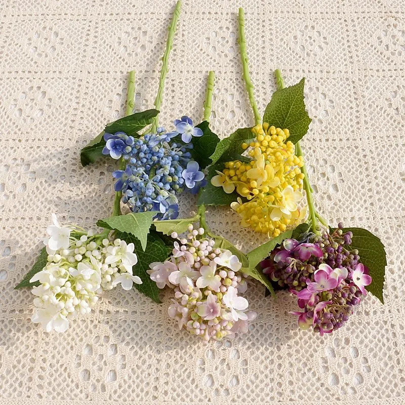 Berry Hydrangea flower short branch with bud fruit and fake leaves silk artificial flowers for home wedding decorations flores