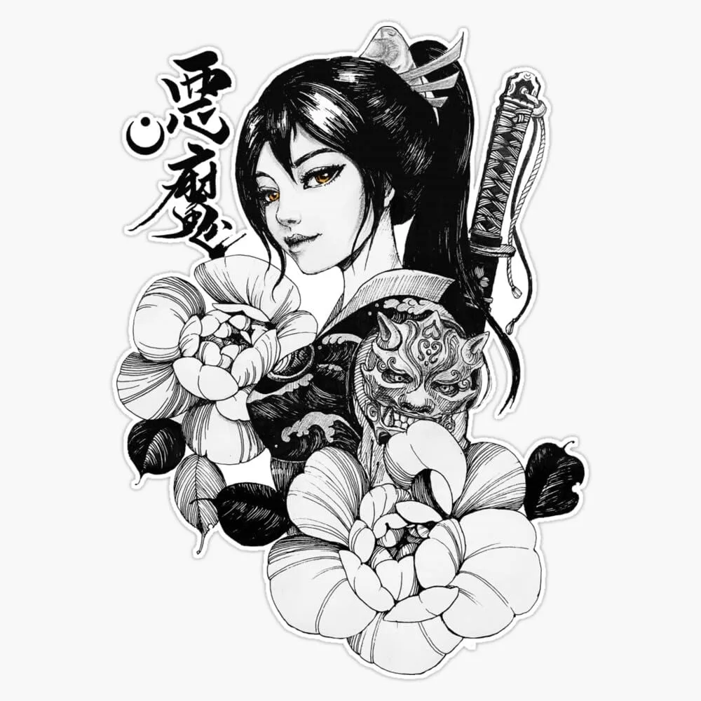 

1PC Black White Japanese Style Sticker (Woman, Katana, Flower, Komainu) Decorative Decal For Car Laptop