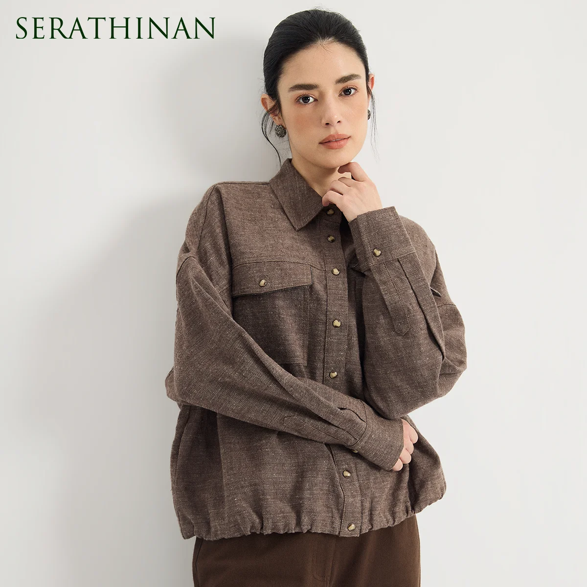 KT7623901 Women's Linen Wool Blend Overshirt Spread Collar Flap Pockets Snap Button Drawstring Hem Old Money Early Autumn Fall
