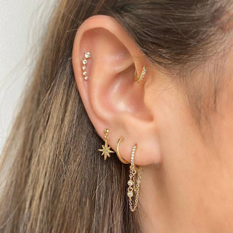 2 sztuk nowe mody złoty kolor kryształ cyrkonia łańcuszek kolczyki koła kobiety mały wisiorek gwiazda kolczyk na chrząstkę ucha Piercing biżuteria