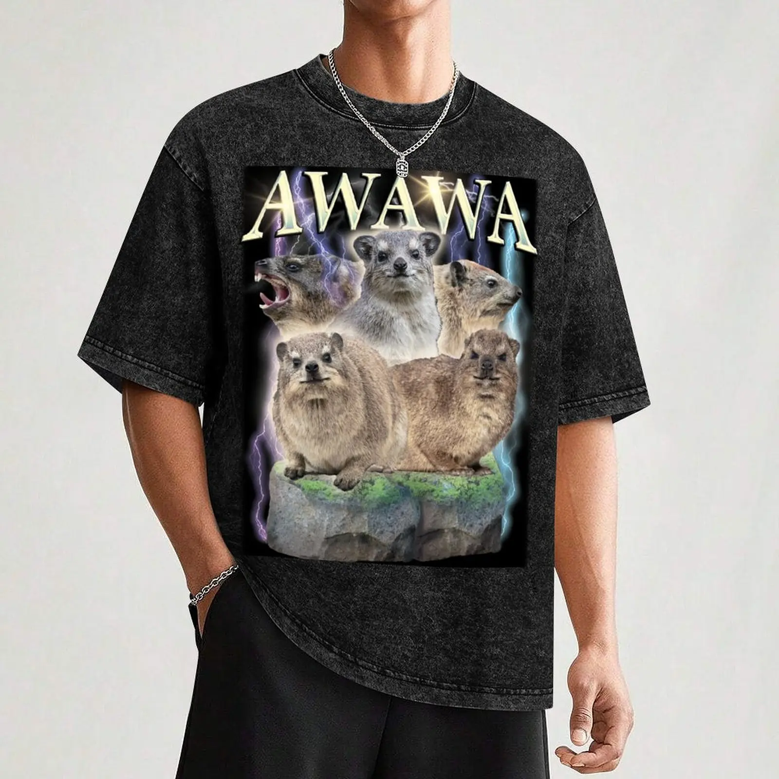 The Hyrax AWAWA Retro Vintage design T-Shirt anime heavyweights anime tshirt animal prinfor boys mens clothing