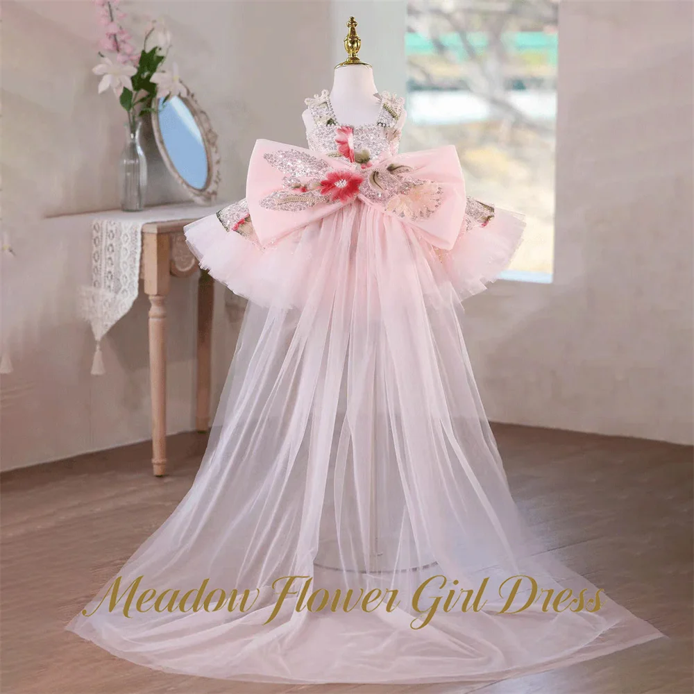 Meadow Square Neck Flower Girl Dress Sleeveless Glitter Sequin Kids Birthday Dress 3D Floral Appliques Pageant Dress for Girl