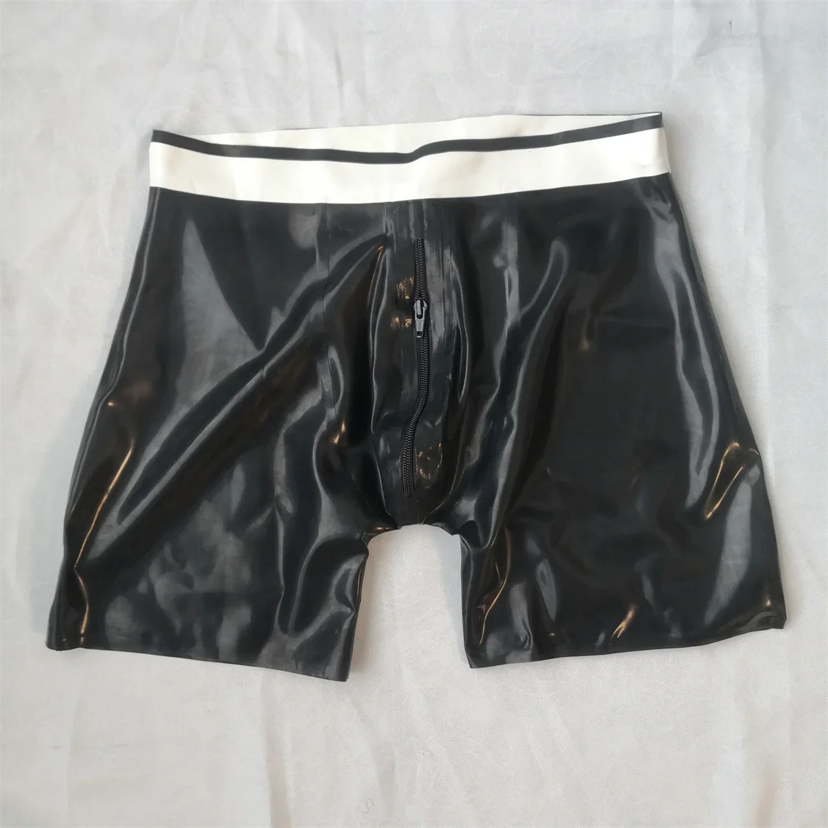 Boxer en Latex Noir et Blanc pour Homme, Culotte en Caoutchouc avec Fermeture Éclair sur le Devant
