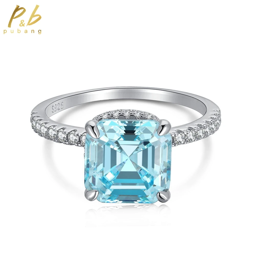 

PuBang for Women Anniversary Gift Fine Jewelry Solid 925 Sterling Silver Blue Gem Created Moissanite Cocktail Ring Free Shipping