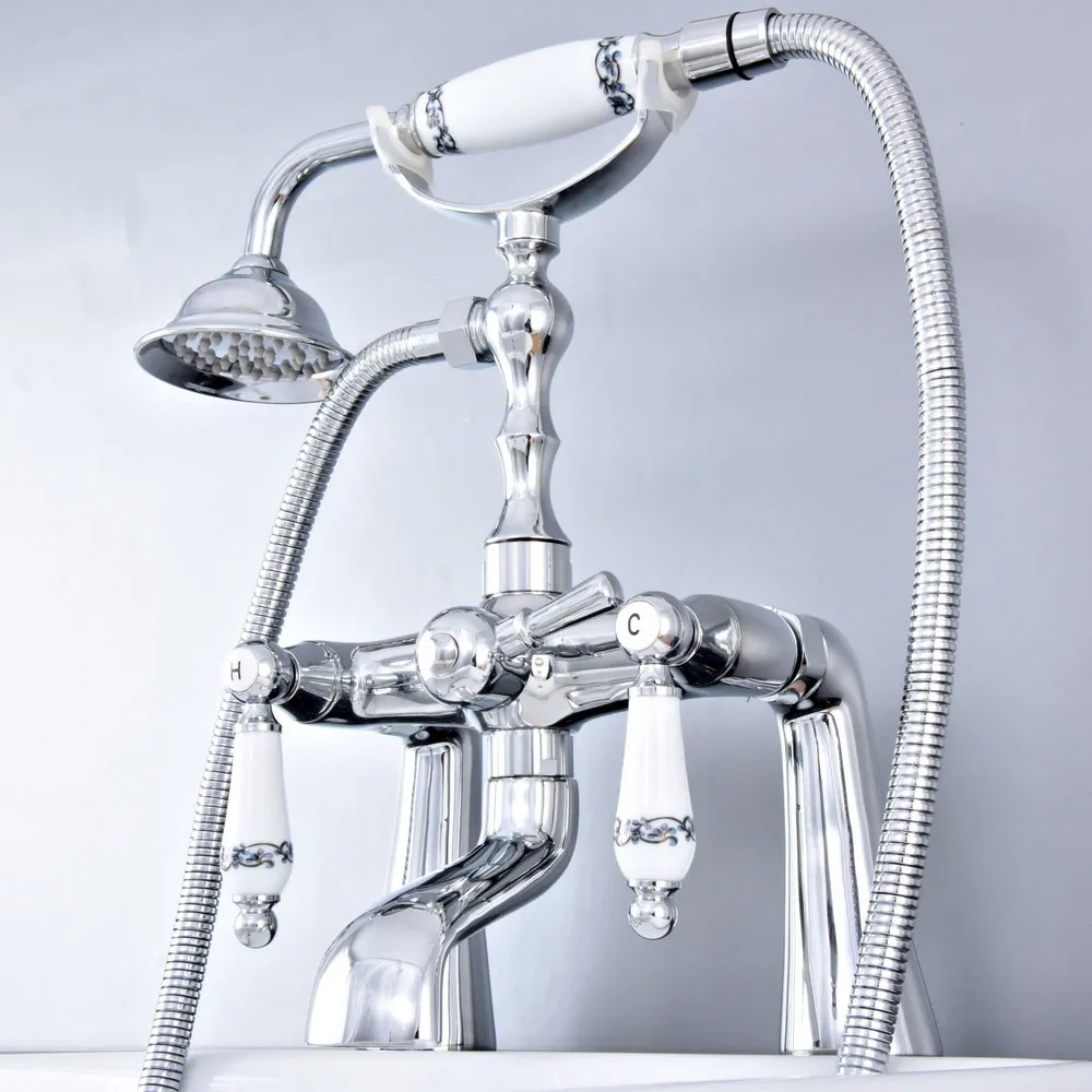 

Deck Mounted Polished Silver Chrome Brass Bathroom Tub Faucet Set with 150CM Handheld Shower Spray Head Bath Mixer Tap 2tf767