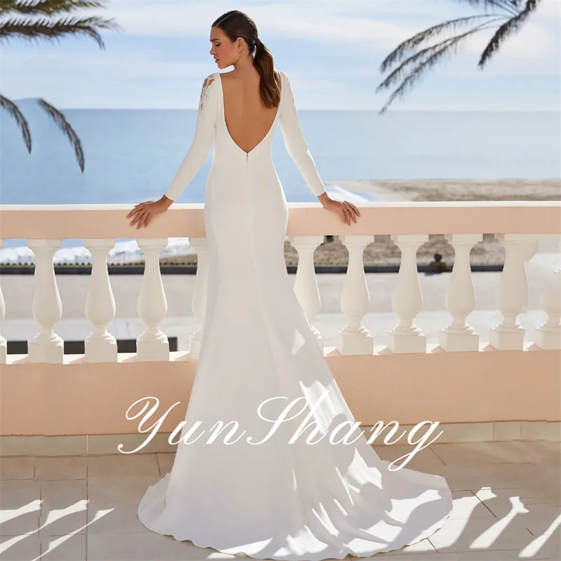 Yunshang elegante vestido de casamento feminino sereia manga longa aberto volta renda com decote em v apliques vestido de noiva novia personalizado