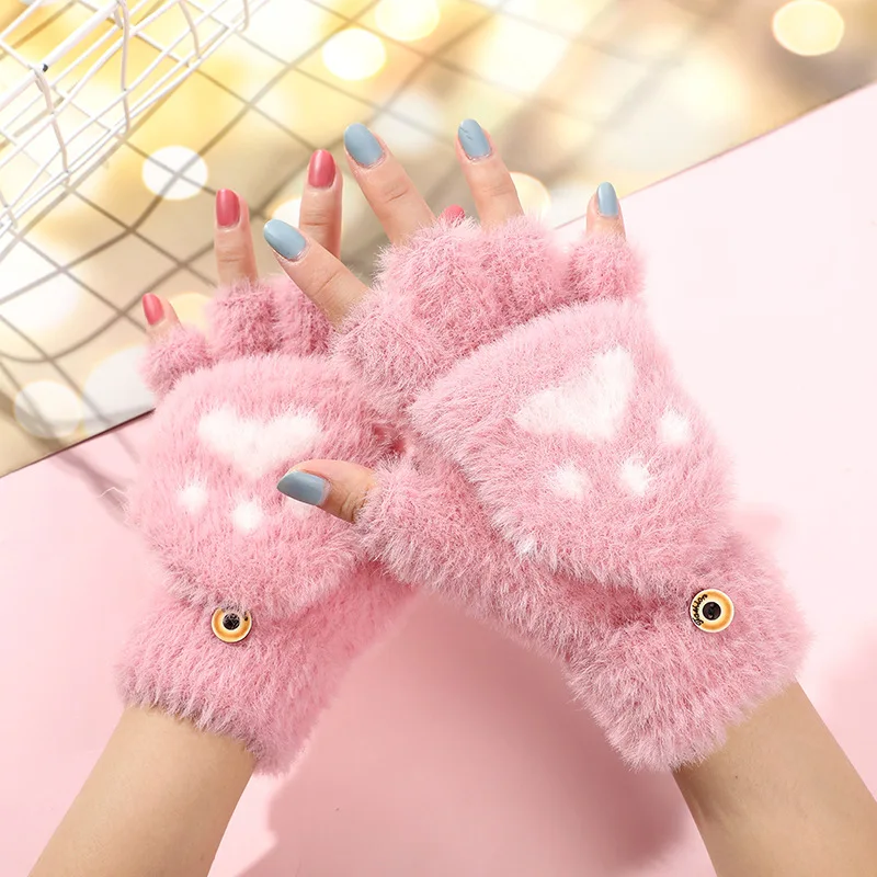 Cat Claw Printed Half Finger Flip Gloves for Students, Cute Plush Winter Writing Warm Gloves Зимние Перчатки