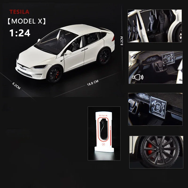 Carro de brinquedo fundido para crianças, liga Model X Tesla Model 3, luz e som, colecionáveis infantis, presente de aniversário, 1:24