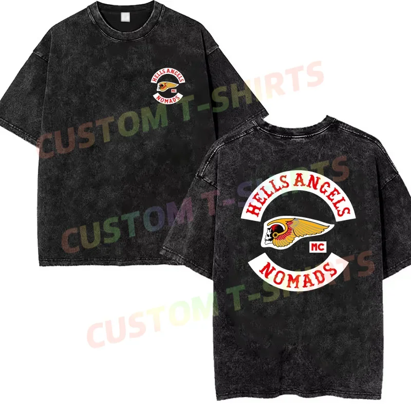 2024 Summer Vintage Cotton Washed Germany Motorcycle Club Nomads Hells Angels T-Shirt Loose T Shirts Men Y2K Hip Hop Top Tee