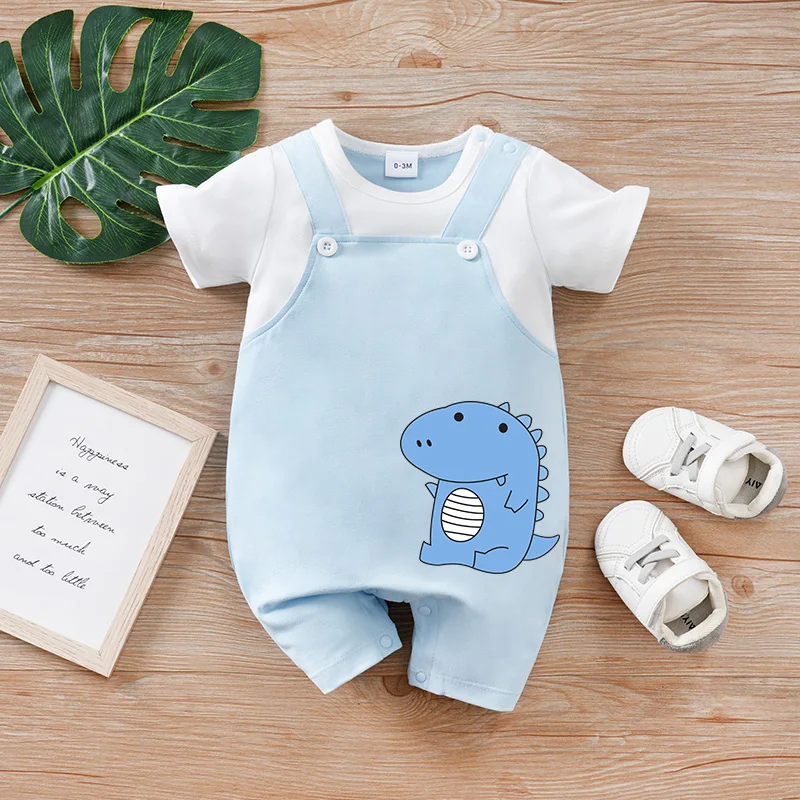 Newborn baby summer short-sleeved fake two-piece jumpsuit with small dinosaur design on the back, soft and comfortable, suitable