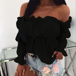 Summer Off Shoulder Blouse for Women Long-sleeved Lace Frill Ruched Pullover Tops Korean Style Fashion Solid Color Lady Shirts