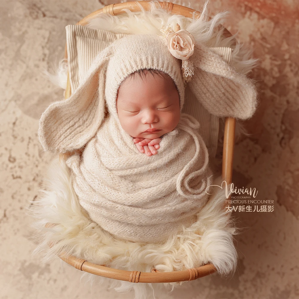 Neutral Newborn Photography Props Warm Knitted Bunny Hat Soft Wool Blanket Floral Headband Photo Studio Baby Shooting Accessory