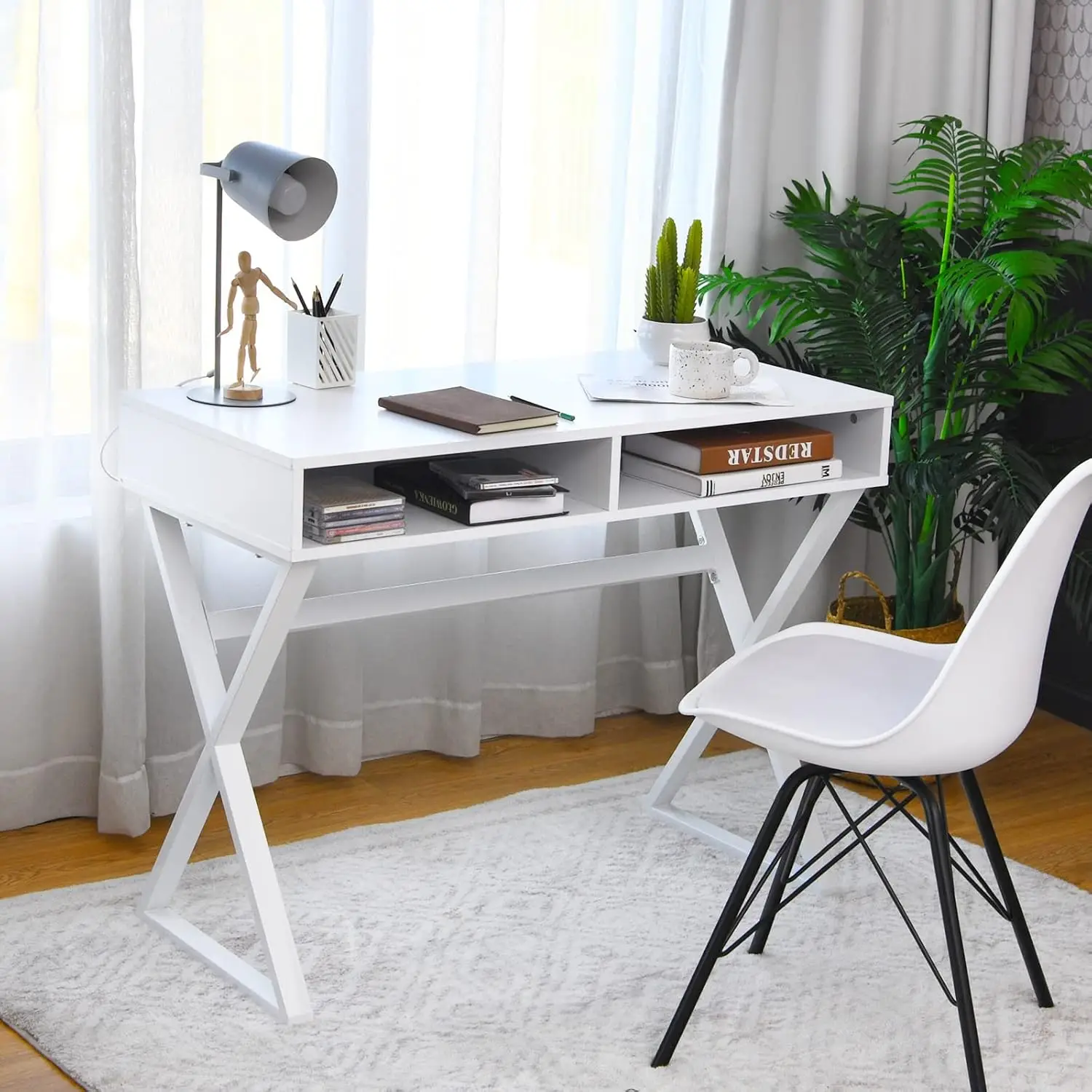 White Desk with Storage, Makeup Vanity Table for Bedroom, Multifunctional Study Table with 2 Storage Compartments, Writing Desk