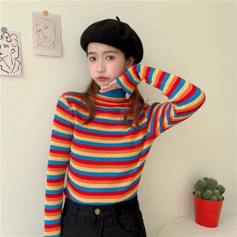 2024 Autumn And Winter New Style Sweater Korean Loose Rainbow Long Sleeve Student Striped Cropped Pull Over Sweater Women