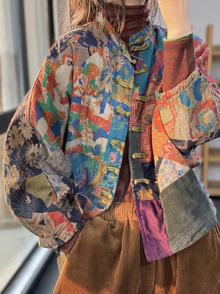 

Thickened Long Sleeve Corduroy Jacket Women's Printed Patchwork Cotton Coat Winter Warm Flannel Lined Button up Casual Coat