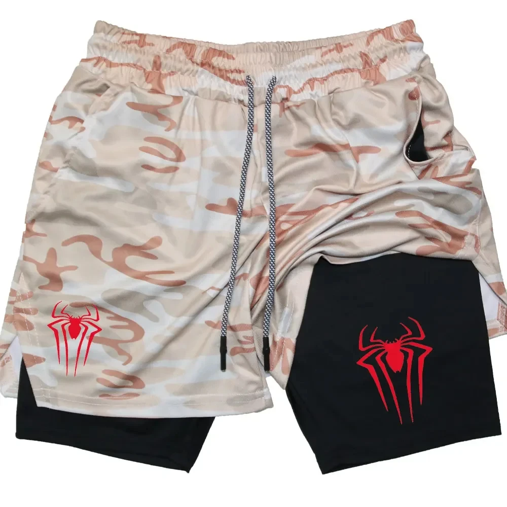 Spider Print Running Shorts Men Gym Sports Shorts 2 In 1 Quick Dry Workout Training Gym Fitness Jogging Short Pants Men Shorts