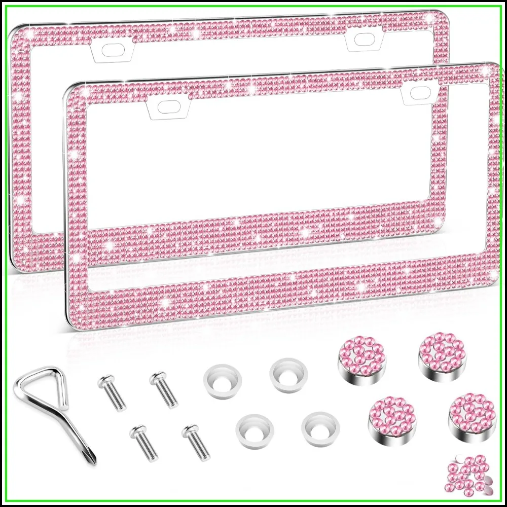 2-Pack Rhinestone License Plate Frame for Women, Stainless Steel Car Accessories, Crystal Sparkle Glitter Caps, Pink
