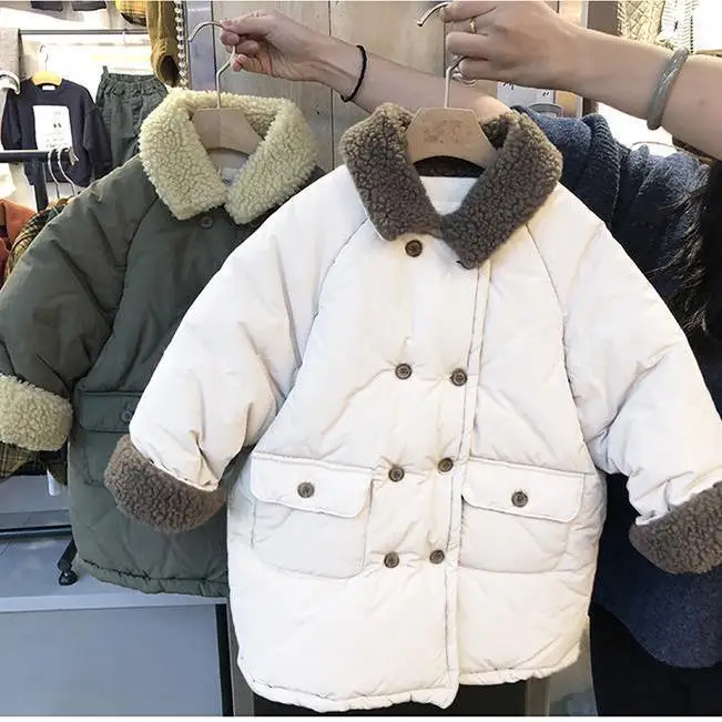 Children\'s cotton jacket 2024 winter warm double breasted thickened lamb velvet collar loose cotton jacket for boys and girls