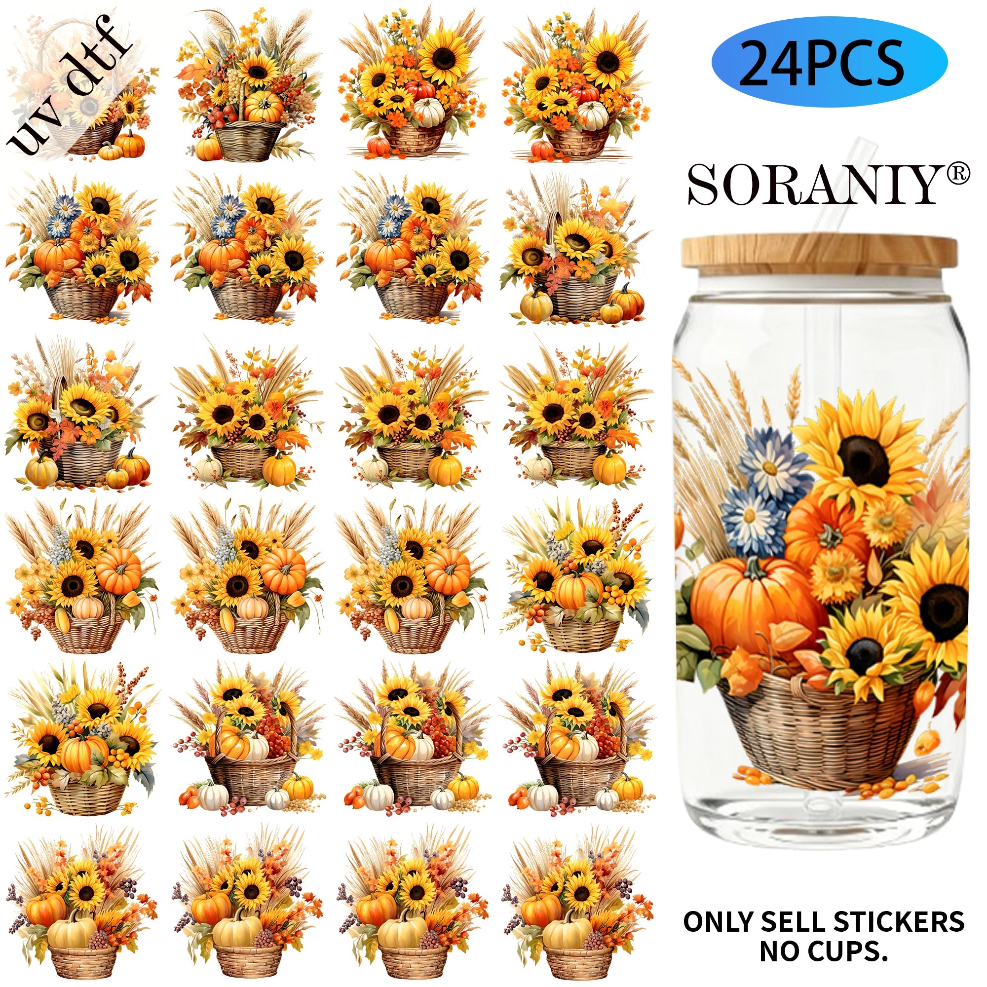 24PCS/Set Watercolor Harvest Sunflower Basket  Themed UV DTF 16OZ DIY Transfer Paper Set Golden Text Used For 16oz Water Bottles