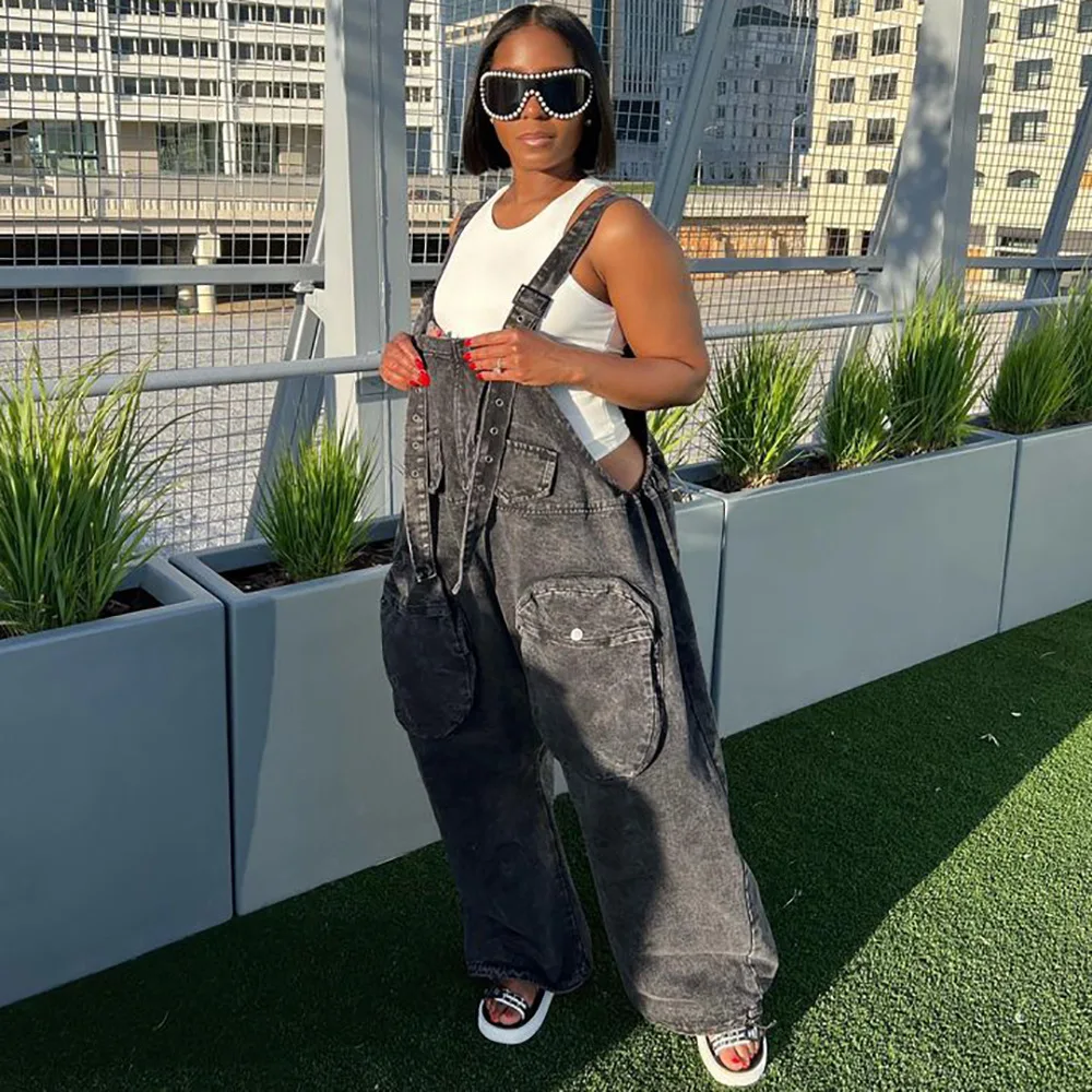 Summer Women Casual Loose Pockets Denim Cargo Overalls Jumpsuits Streetwear Jeans Suspender High Waist Wide Leg Pants Jumpsuits