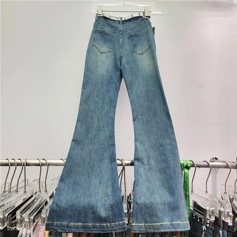 High Taille Schwerindustrie hand genähte Bohrer elastische leicht gezogene Jeans schlanke Wisch-Jeans hose Flare Jeans Streetwear Frauen