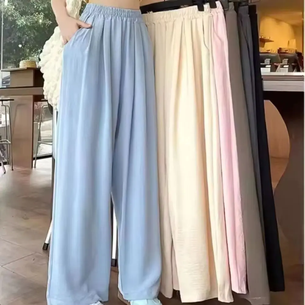 

Новинка 2024, женские широкие брюки до щиколотки, повседневные летние однотонные свободные брюки из ледяного шелка с эластичной резинкой на талии, весенне-летние женские брюки