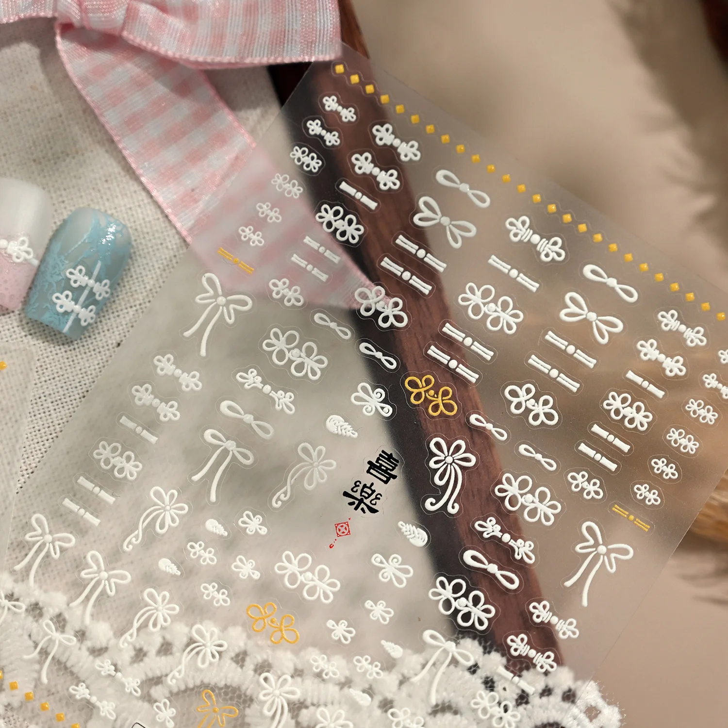 Goud Groen Chinese Traditionele Knoop Knop Bloemvorm Riem Kant Strik Lint Zelfklevende Nail Art Sticker Manicure Decals