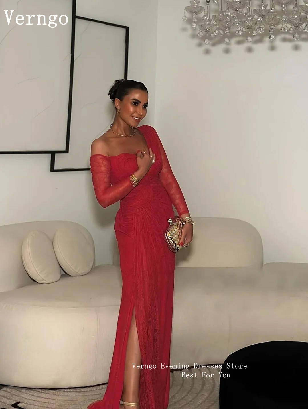 Verngo Elegant Red Lace Prom Gowns V Neck Side Sli Full Sleeves Formal Occasion Dresses Arabic Party Dress Customized image 4