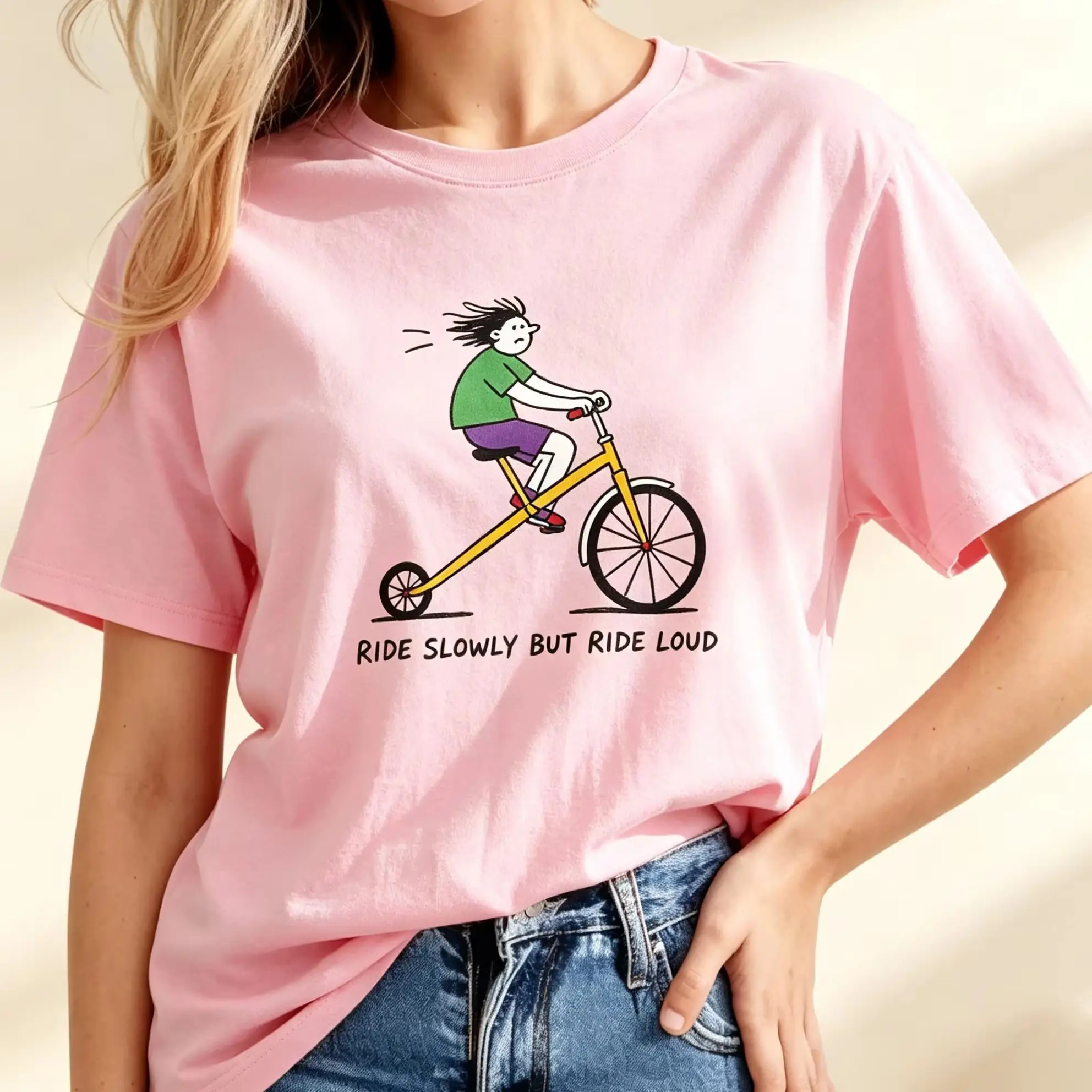 Women Casual T Shirt Ride Slowly But Ride Loud Funny Cartoon Biker Graphic Tee Loose Short Sleeve Street Tops
