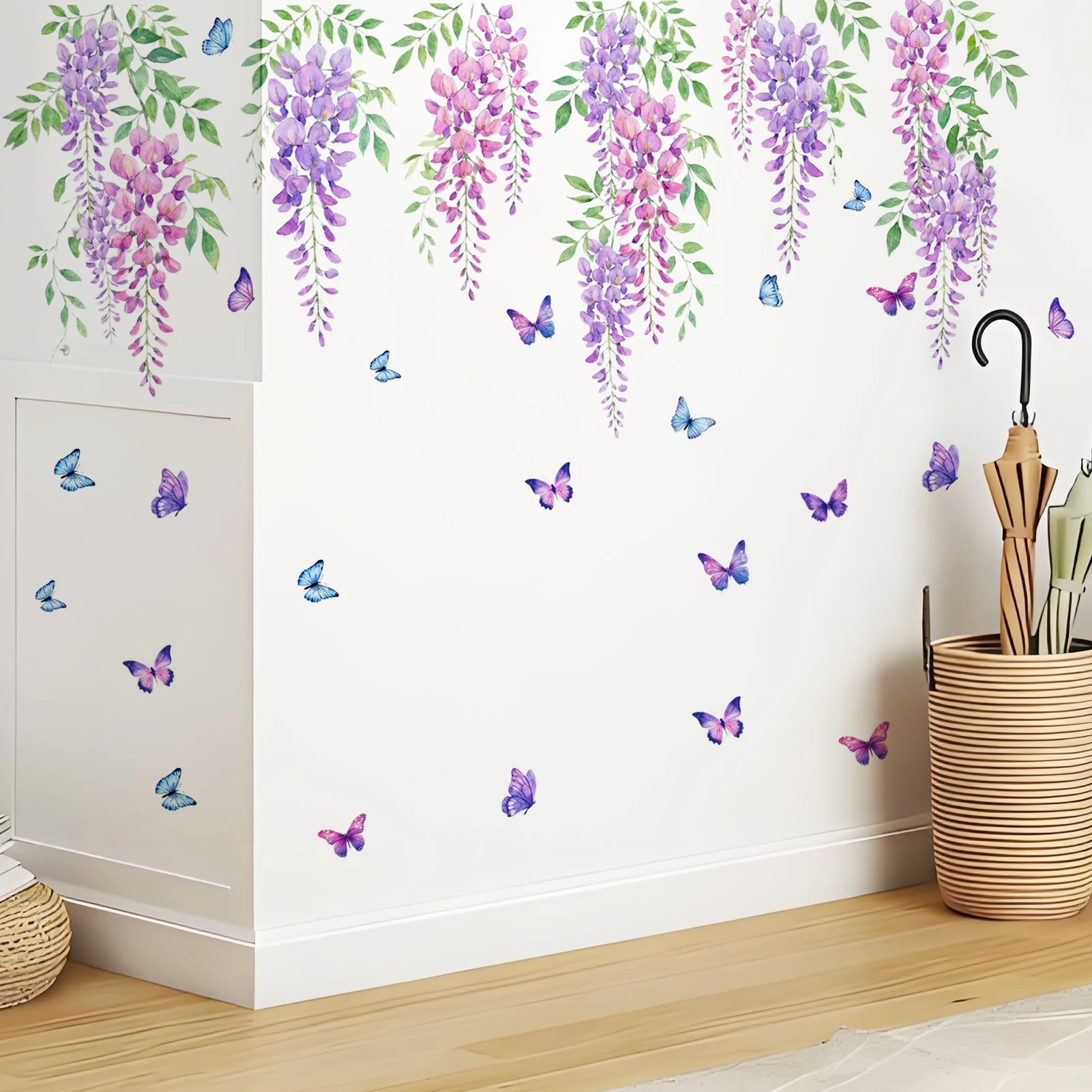 Pegatinas de pared para decoración del hogar, flores de glicinia, pegatinas de decoración de pared con mariposas, calcomanías de pared, adecuadas para decorar la sala de estar, las paredes de la habitación