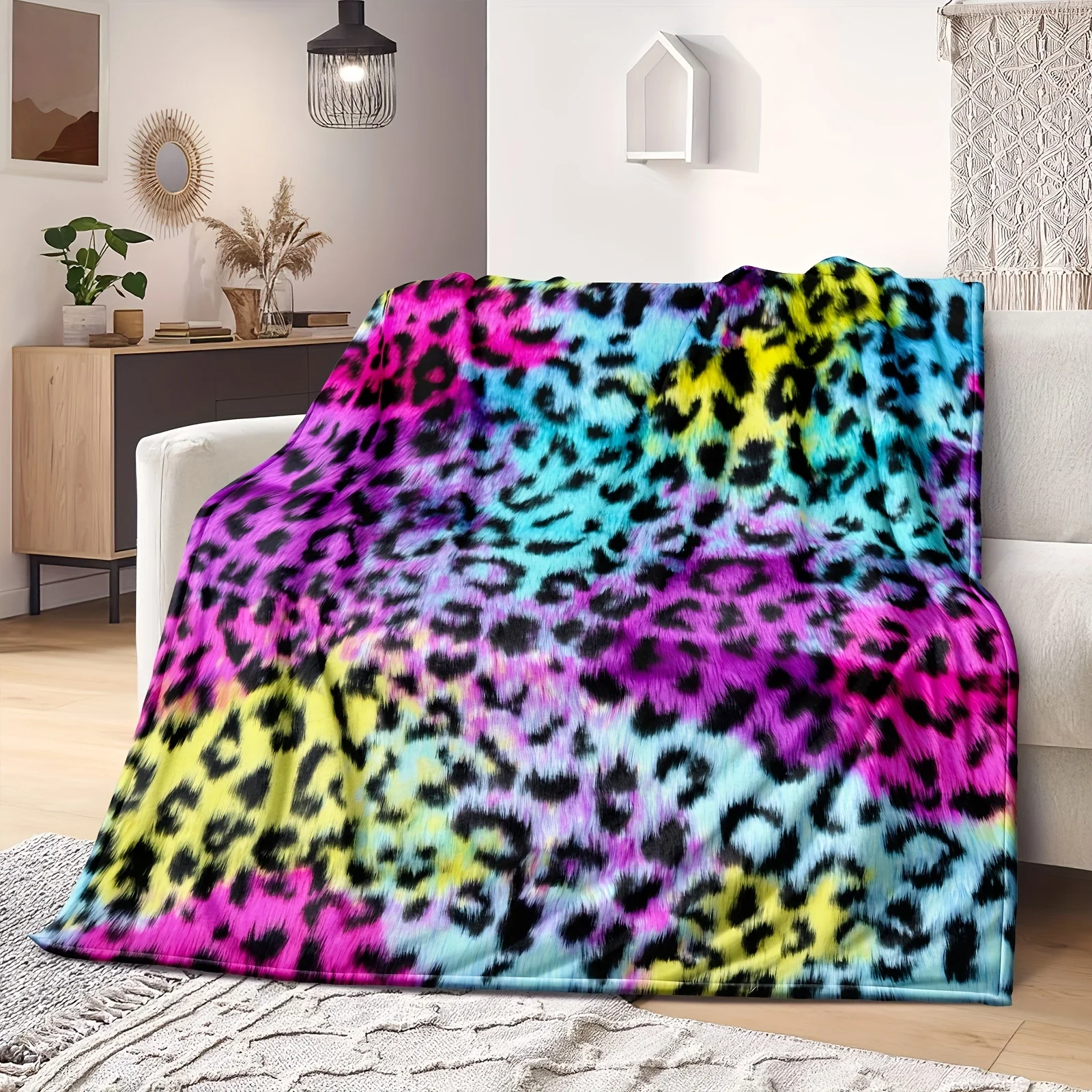 

Leopard Print Blanket Rainbow Tie Dye Throw Blanket Colorful Fleece Blanket Neon Rainbow Leopard Warm And Cozy Quilt Blanket