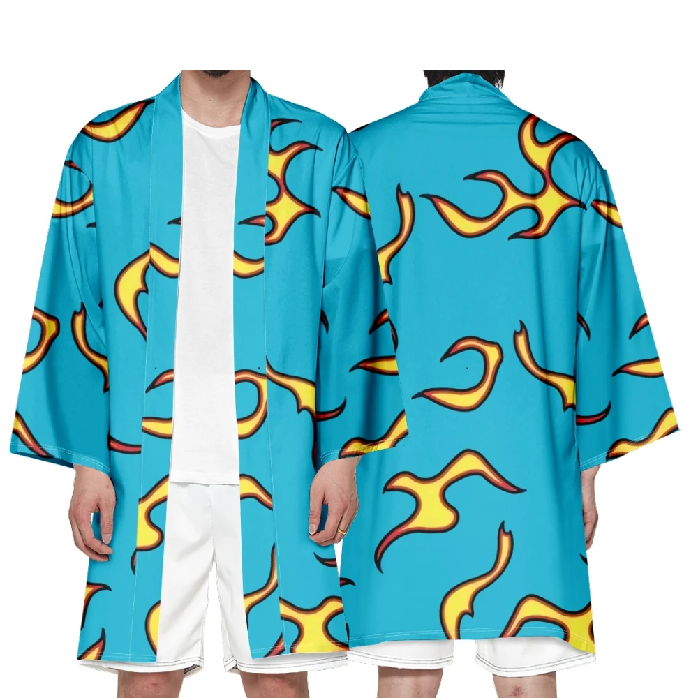 Men's Japanese Long Kimono Cardigan Boys Samurai Costume Kimono Flame Pattern Kimono Shirt Yukata Outer Cover