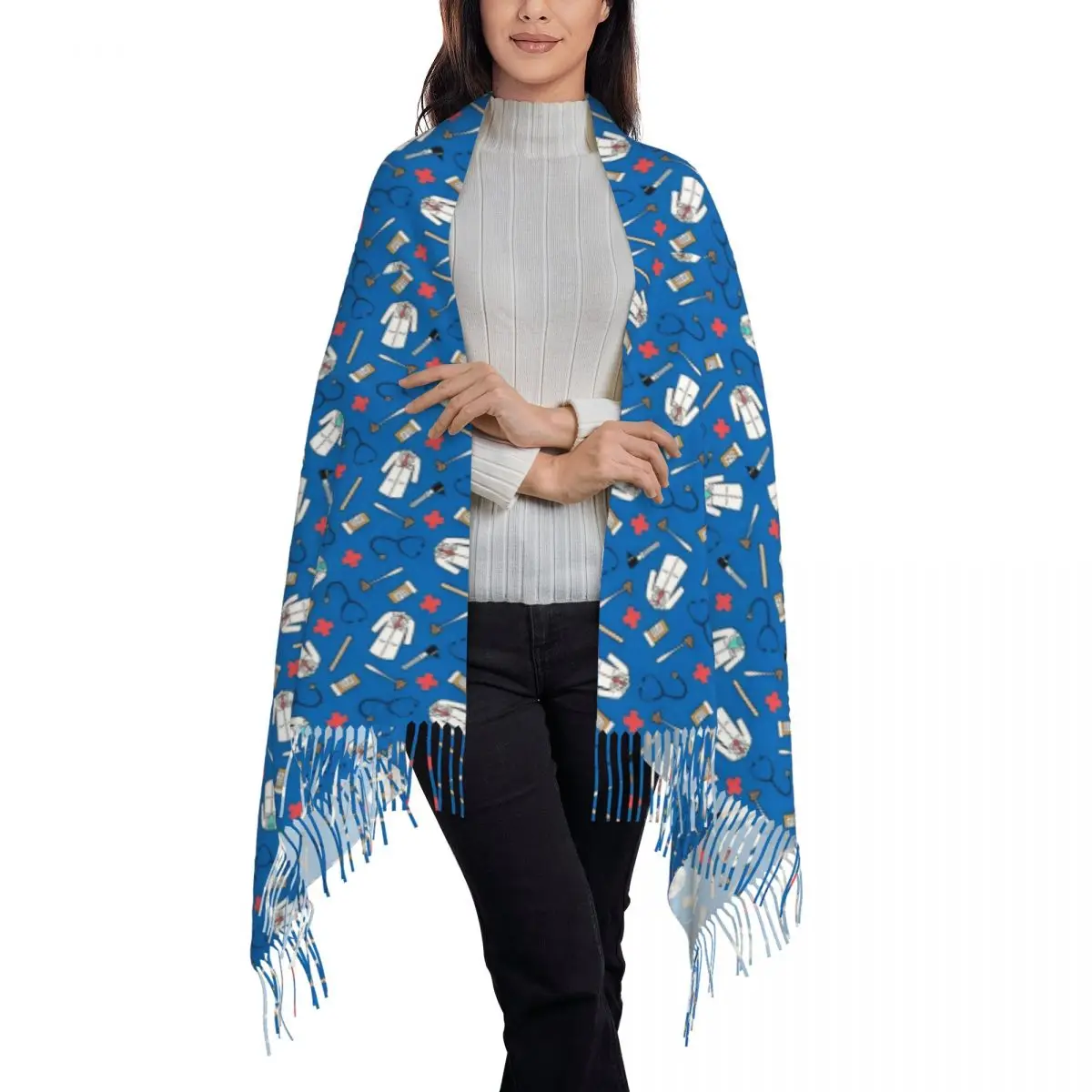 따뜻한 스카프 가을용 의사 숄 블루 그래픽 스카프 남녀공용 y2k 재미있는 대형 스카프