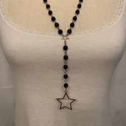 Gothic Black Beaded Star Pendant Necklace Grunge Accessory Choker Punk Charms Korean Fashion Necklace for Women Jewelry
