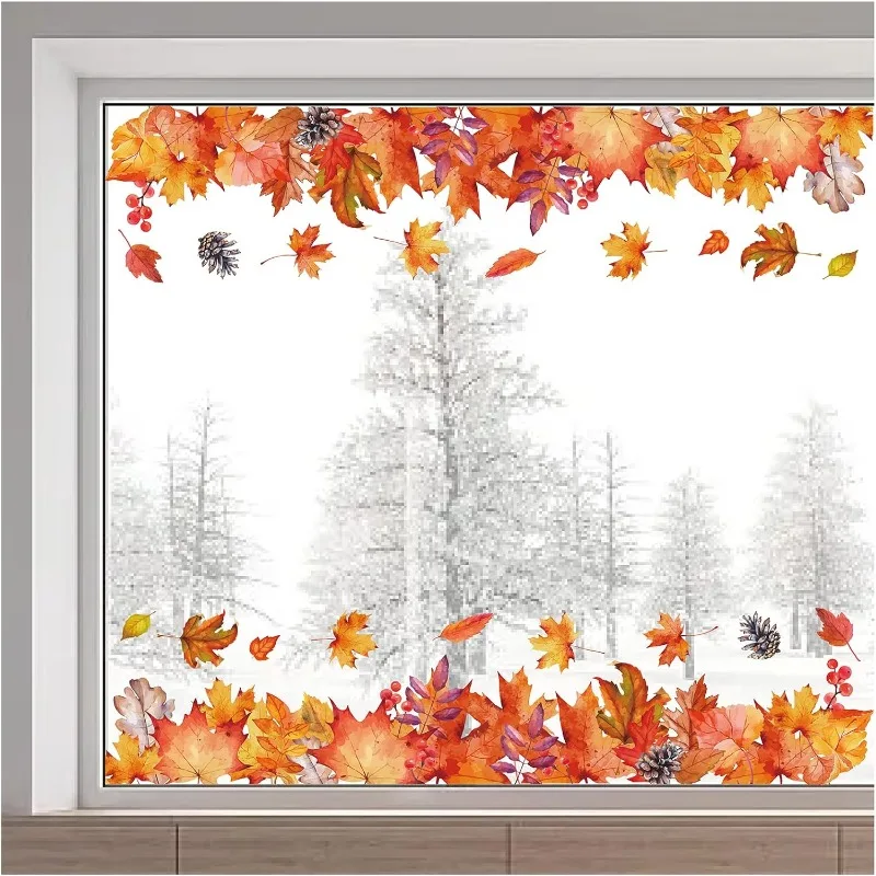 Large Size Fall Leaves Window Clings Transparent Stained Thanksgiving Maple Stickers Autumn Pine Cone Static Non Adhesive