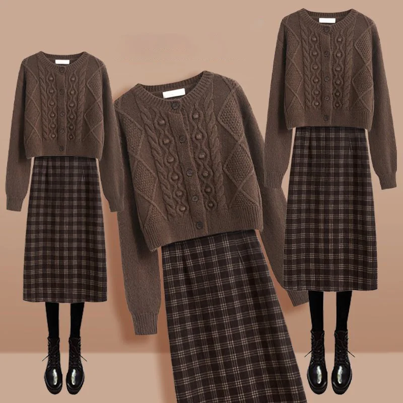 Autumn New Vintage Knitted Sweater Cardigan Plaid Spliced Half Skirt Two Piece Elegant Women's Party Dress Winter Outfits
