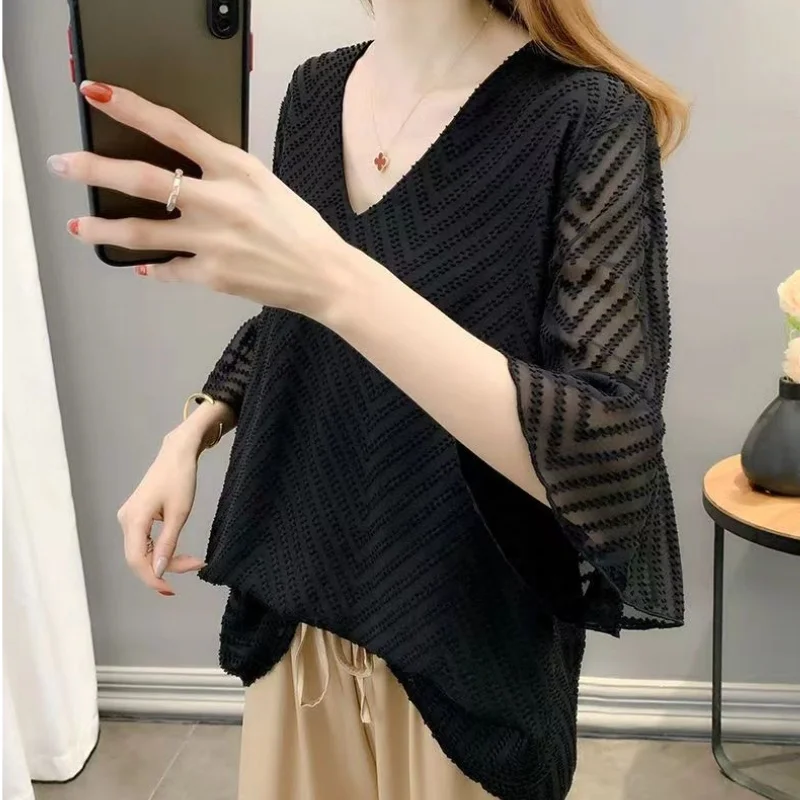 Summer Casual Women V-Neck Petal Sleeve Chiffon Shirt Sheer Loose Plus Size Top Office Lady Solid Elegant Trend All-Match Blouse