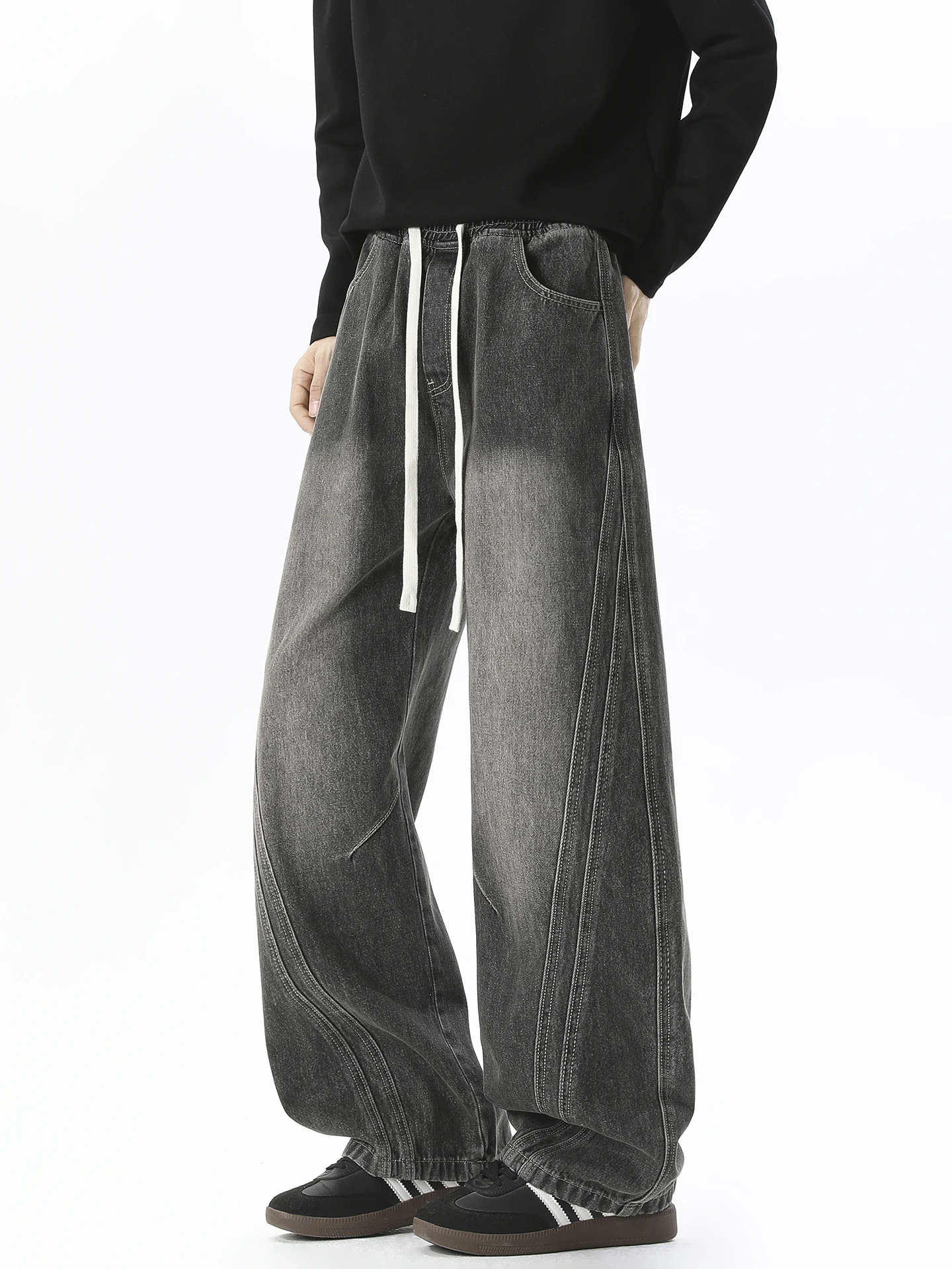 

Boyue American Trendy Brand Deconstructed Patchwork Dstring Jeans High Waist Straight Leg Haome Taller Casual Men's Pants