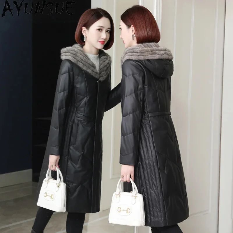 2024 AYUNSUE Autumn Winter Genuine Sheepskin Leather Down Jacket Women White Duck Coat Mid-length Hooded Mink Fur Collar