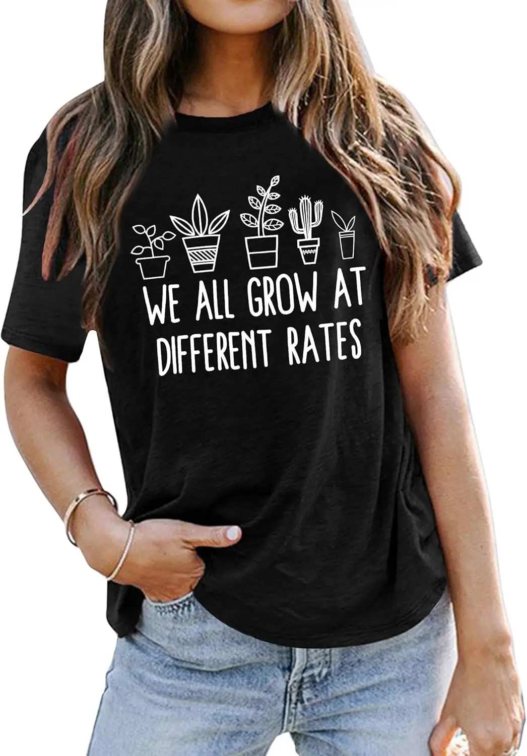 VVNTY Teacher Shirt Women: We All Grow at Different Rates Plant T-Shirt Funny Teaching Inspirational Graphic Tees Tops