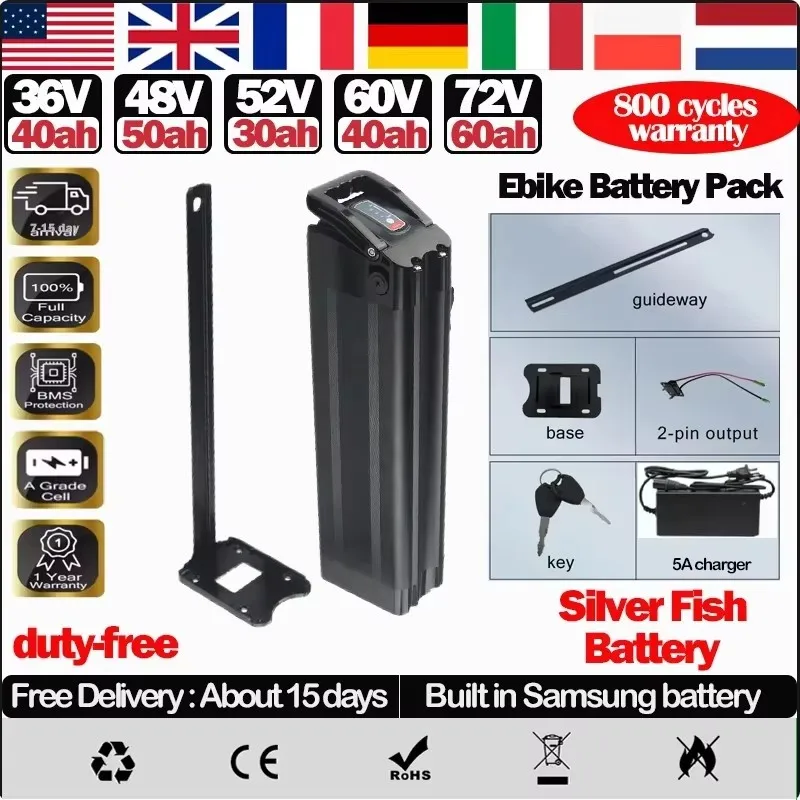 

Аккумулятор SilverFish для электровелосипедов 36В 48В 52В 60В 72В, 20Ач 24Ач 30Ач 40Ач 50Ач 60Ач, литиевая батарея для электровелосипедов Bafang 1000Вт 2000Вт