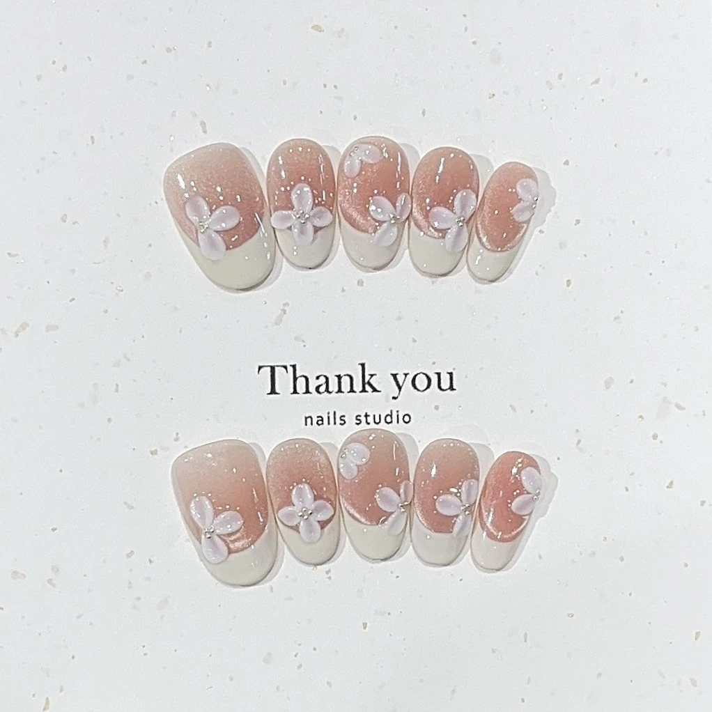 10 Stück französische ovale handgefertigte Nägel zum Aufdrücken, weißes Blumenmuster, künstliche Nägel, künstliche Nägel, Kalko 2013, Mohamed Uñas Diego Diego